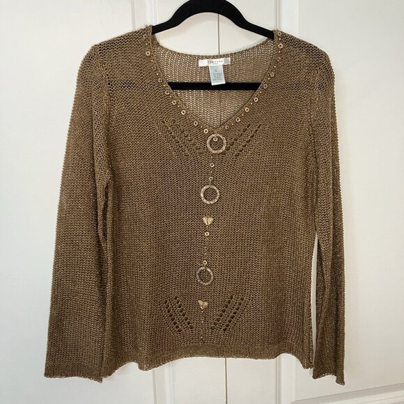 Y2K Vertigo Knit Mesh Sheer Top Womens Brown Beaded Fairy Grunge Vintage - Picture 1 of 7